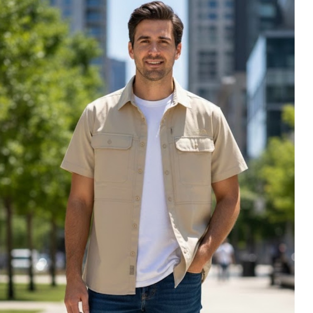 The North Face Tan Casual Button Down Shirt with Structured Design